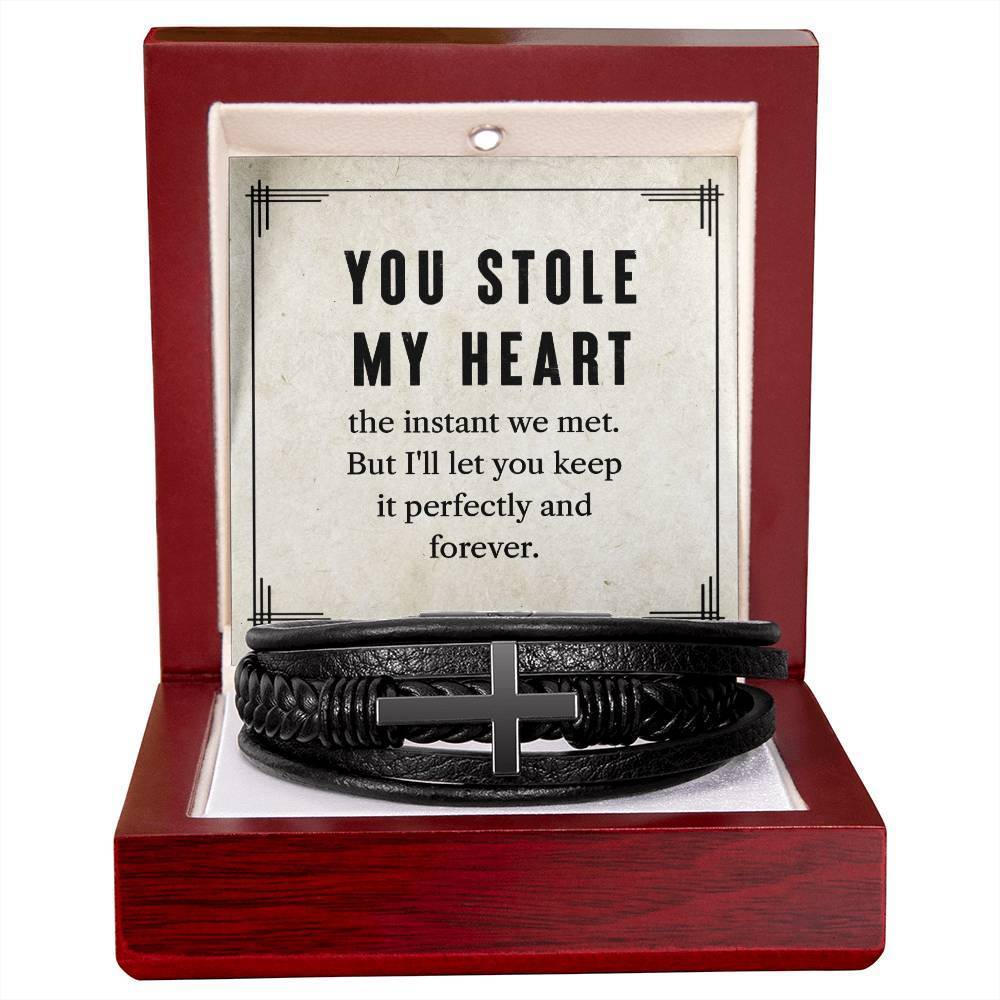 My To Man You Stole My Heart Men's Cross Bracelet - Vegan Leather With Stainles